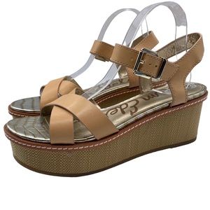 Sam Edelman Sandals Platform Wedge Brown Leather Strappy Buckle Casual Size 9.5S